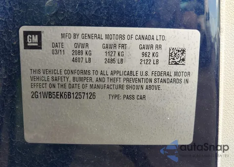 2011 Chevrolet Impala Lt из США, поврежденный, VIN 2G1WB5EK6B1257126